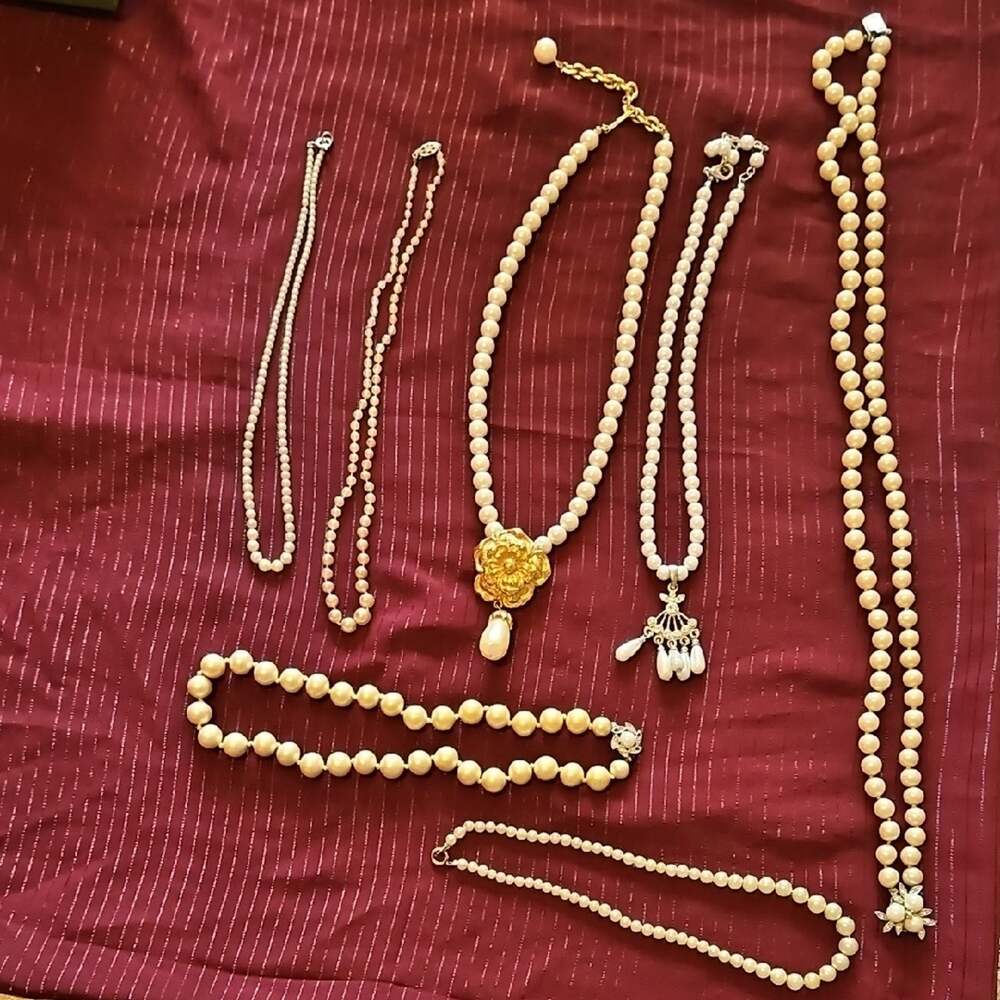 7 Assorted Handmade Gold/Cream Faux Pearl Necklaces